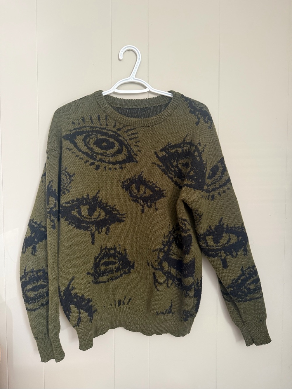 Olive Green Eye-Pattern Knit Sweater